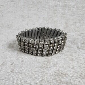Vintage Clear Rhinestone Silver Tone Glam Costume Heavy Stretch Bracelet